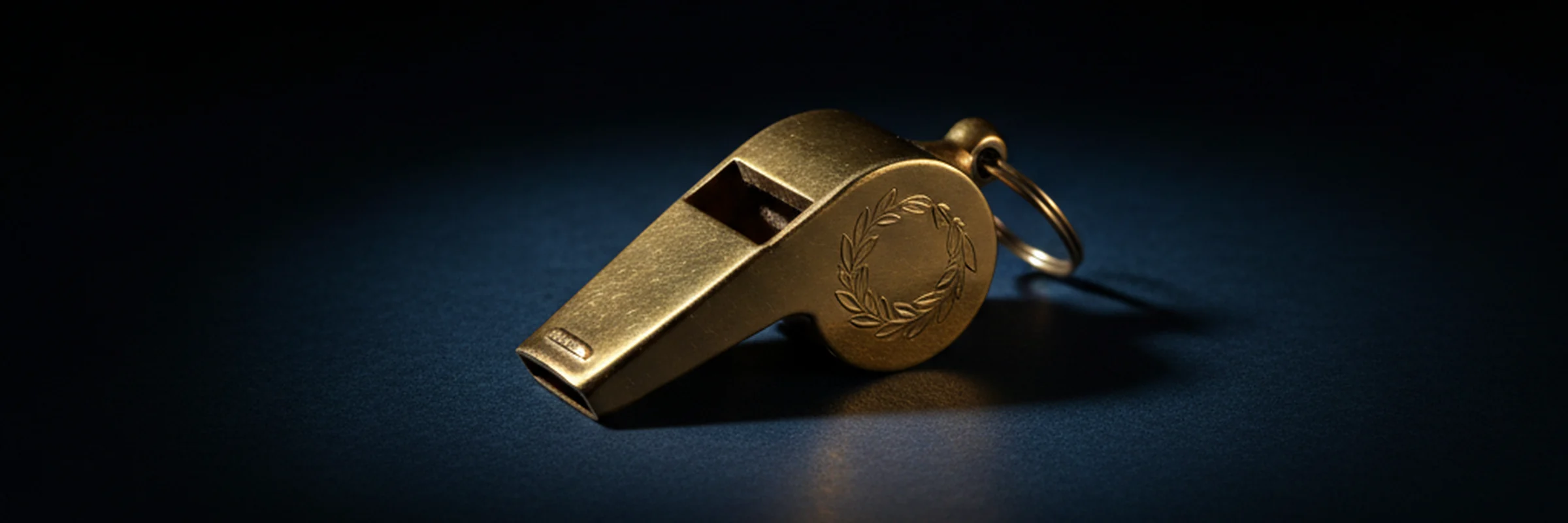 A single gold referee's whistle emerging from deep blue shadow
