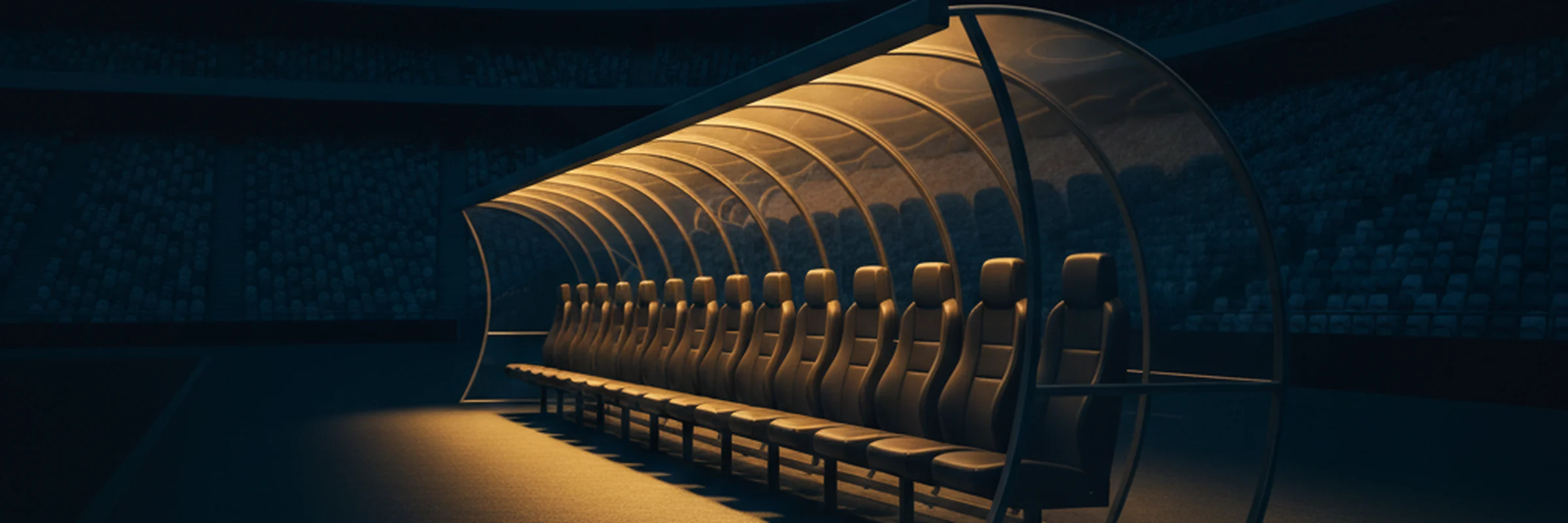 An empty floodlit substitutes' bench in a dark, deserted stadium